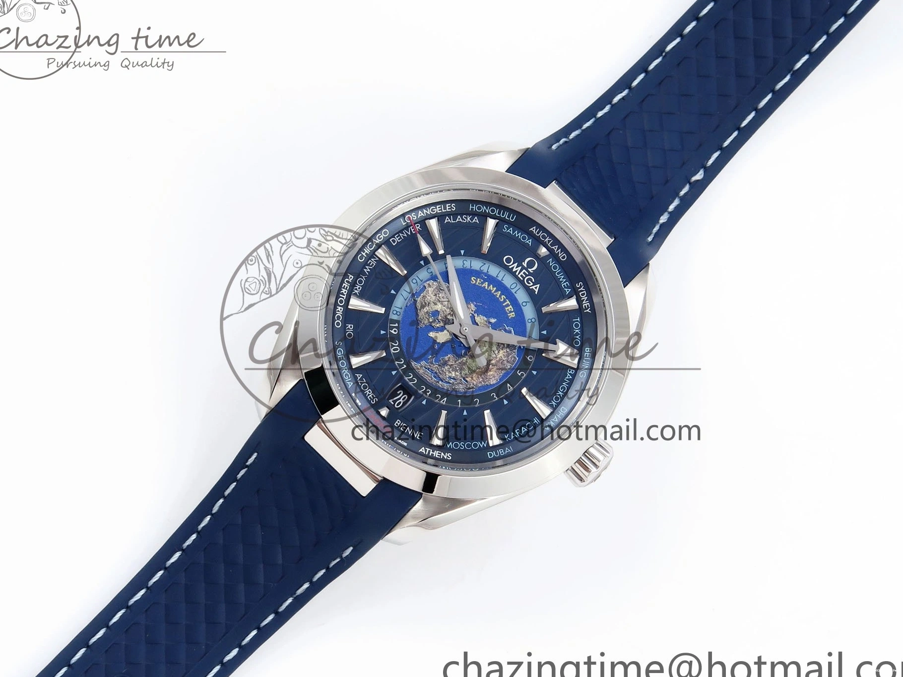 0226 Aqua Terra GMT Worldtimer 43mm VSF 1:1 Best Edition Deep Blue Dial on Blue Rubber Strap A8938 Super Clone QuickDry 7721